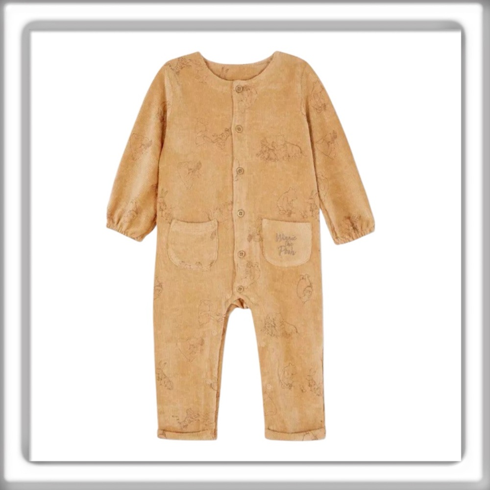 Disney Baby Winnie The Poor Tan Corduroy One Piece Romper Pockets Size 3-6 Month